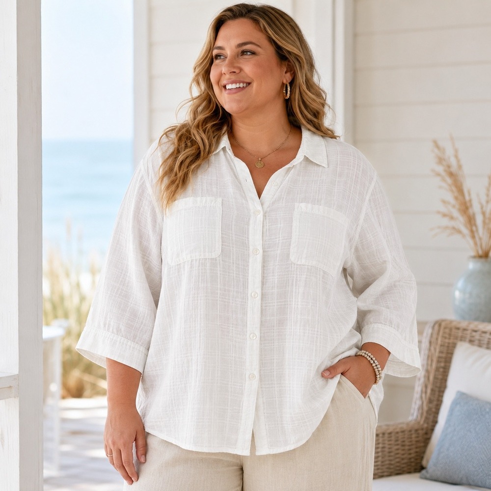 Croft & Barrow White Cotton Grid Plaid 3/4 Sleeve Button Down Shirt Plus Size 3X